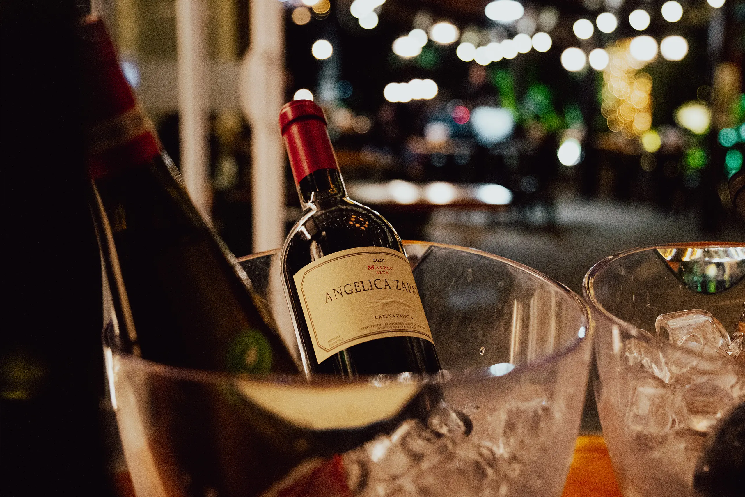 Garrafa de vinho Angélica Zapata Malbec em balde de gelo no Fratelli Wine Bar em Holambra