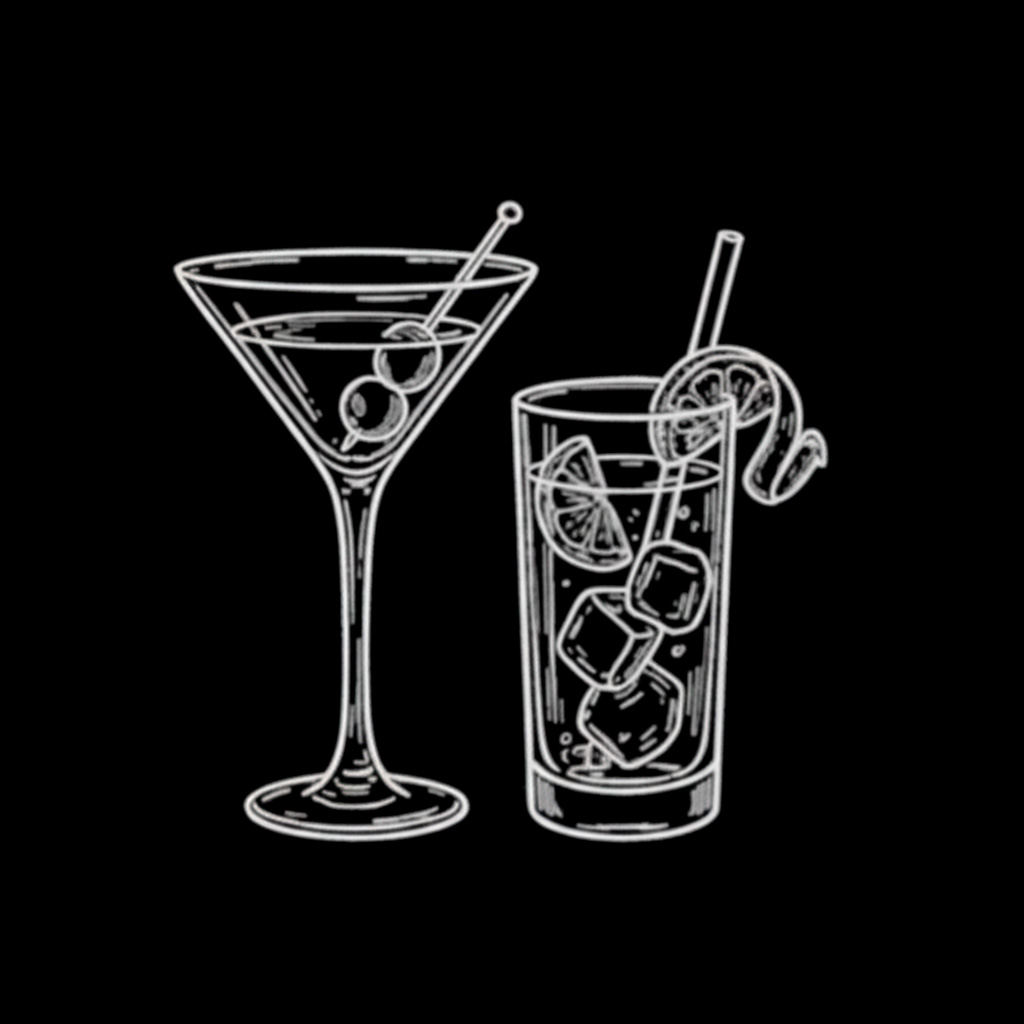 Ilustração vetorial de copos de coquetel: taça de martini com azeitonas e copo long drink com gelo, limão e canudo.