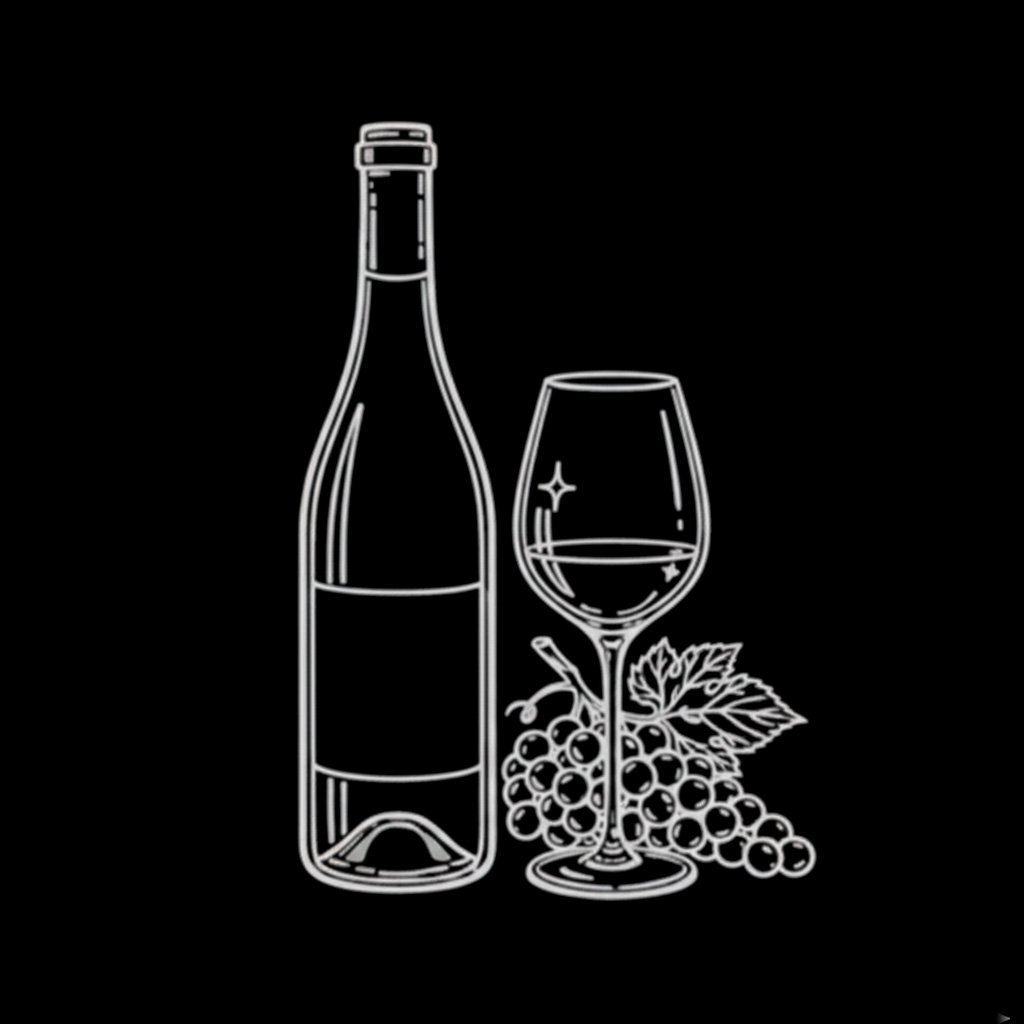 Ilustração vetorial de garrafa de vinho, taça e cacho de uvas em traço branco sobre fundo preto.