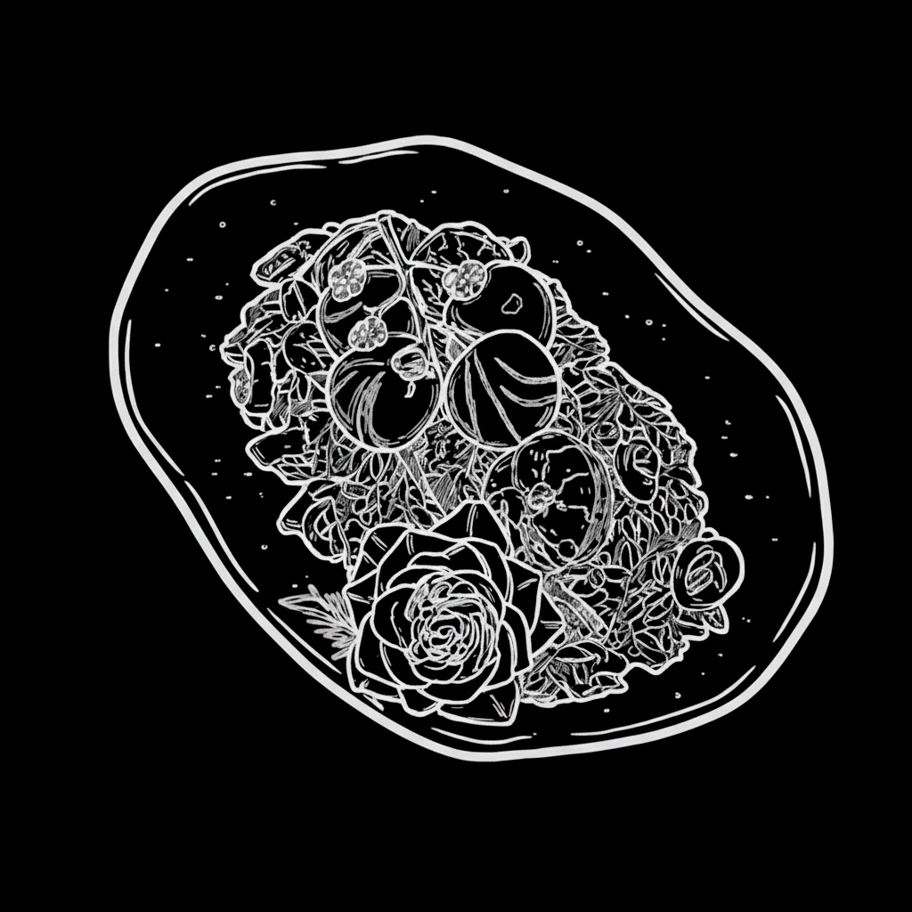 Ilustração vetorial de prato decorado com frutas, folhas verdes e flor comestível, em traço branco sobre fundo preto.